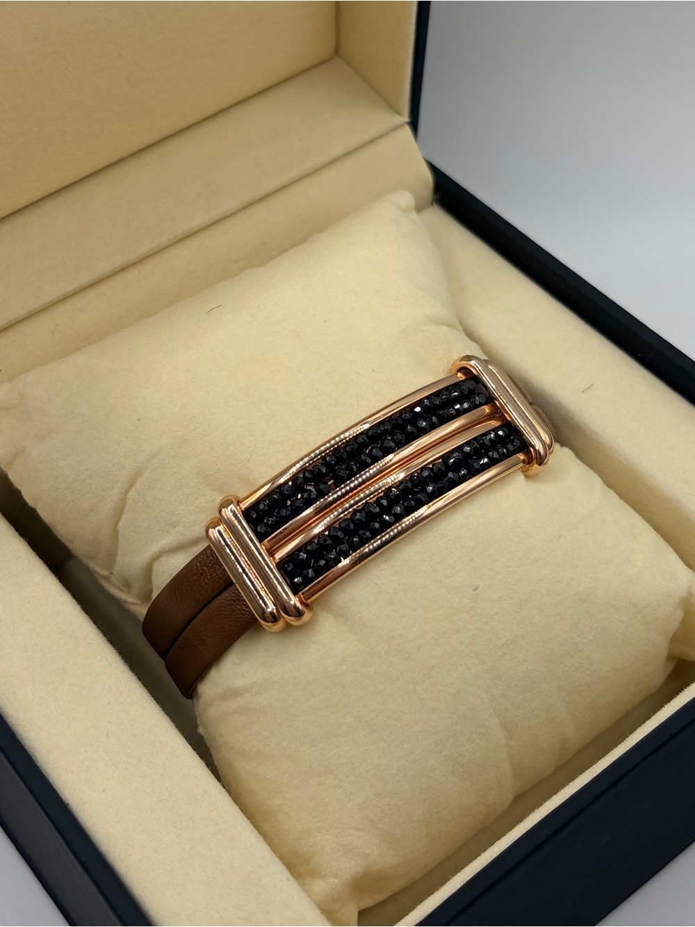 Bronze Milor Italy Leather Bracelet with Black Crystal Accents